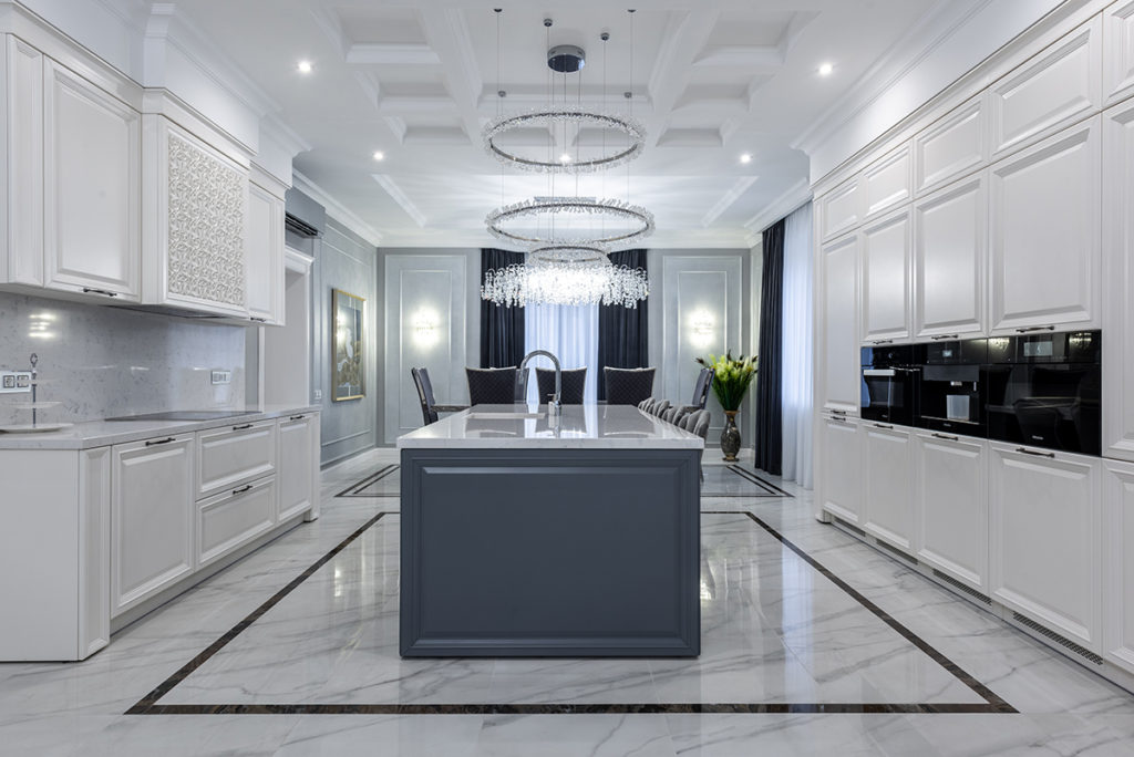 Modern kitchen island with marble flooring